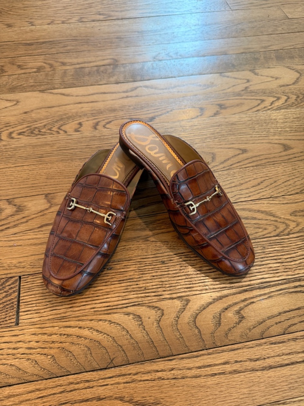 Sam Edelman Brown Croc-Embossed Leather Mule Loafers with Gold Bit